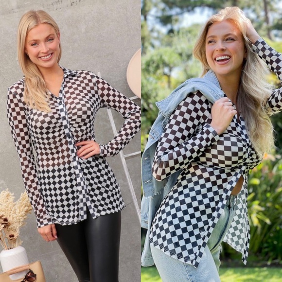 Checkered mesh long sleeve button down top - Picture 10 of 10